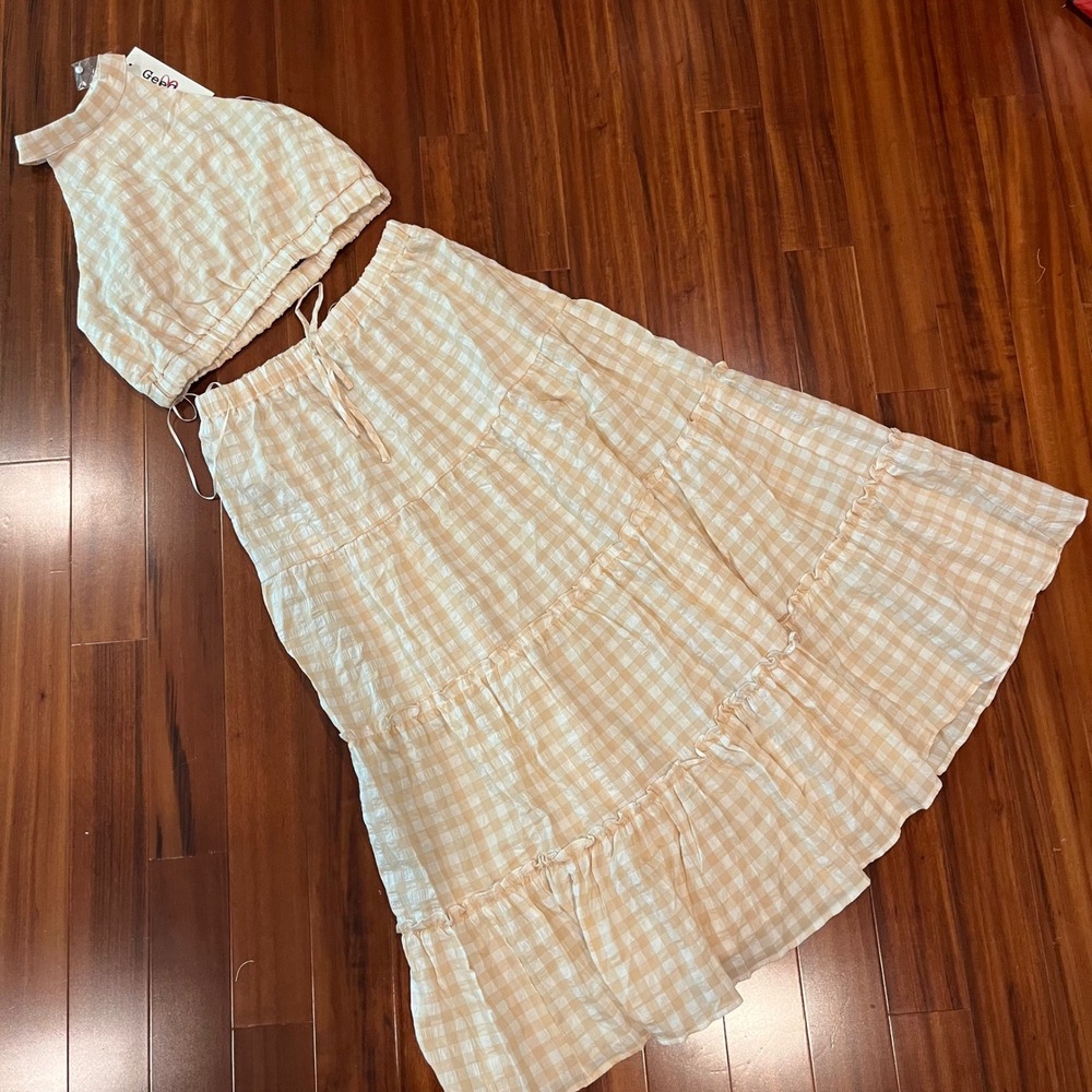 Gingham‎ Skirt Top Set Light Beige Crop Halter Crossback Maxi Tier Cottagecore L